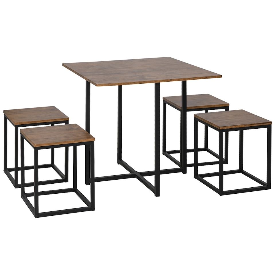 image 1 of HOMCOM 5 Piece Dining Table and Chairs Set 4, Industrial Space Saving Table and Chairs with Metal Frame, Square Kitchen Table and Stools for Dining Room, Brown