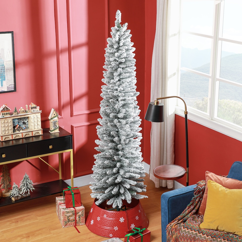 image 1 of HOMCOM 7ft Artificial Pencil Christmas Tree with 405 Snow Flocked Branches, Metal Base, Realistic mas Tree, White