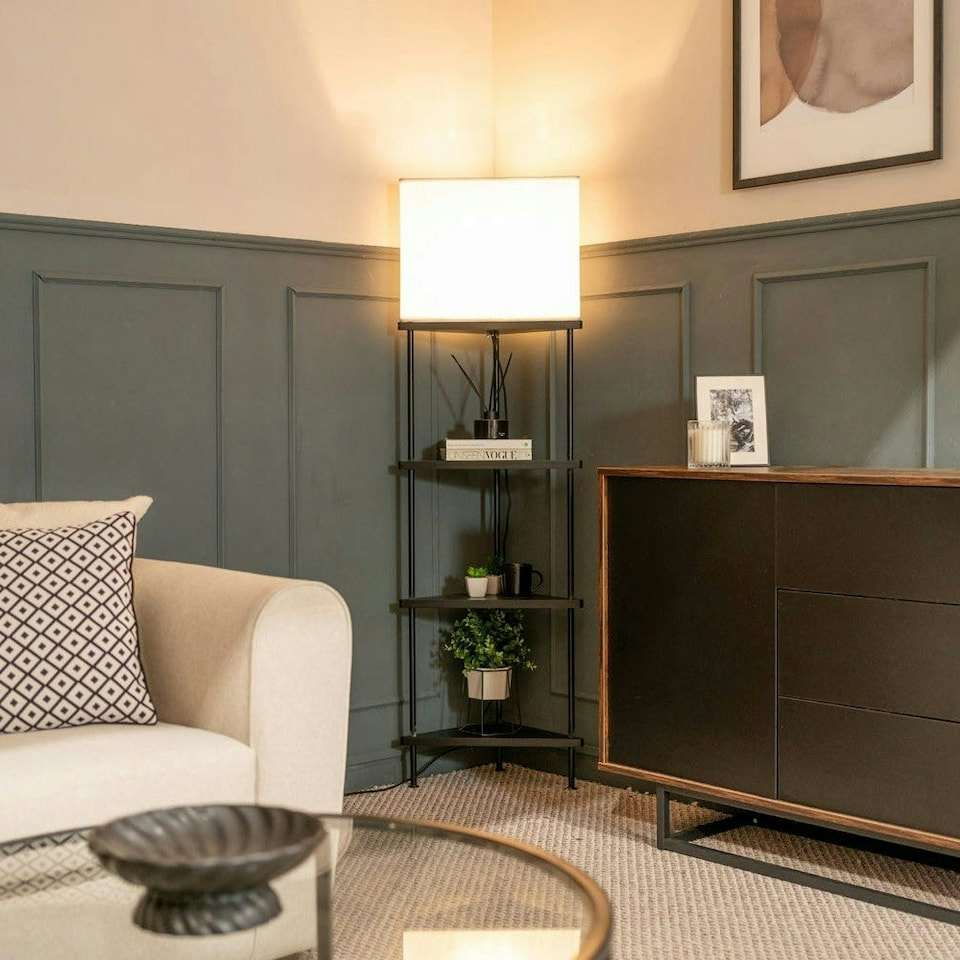 image 1 of ValueLights Taska Black Wooden 3 Tier Corner Floor Lamp with Grey Shade and Storage Shelves Black