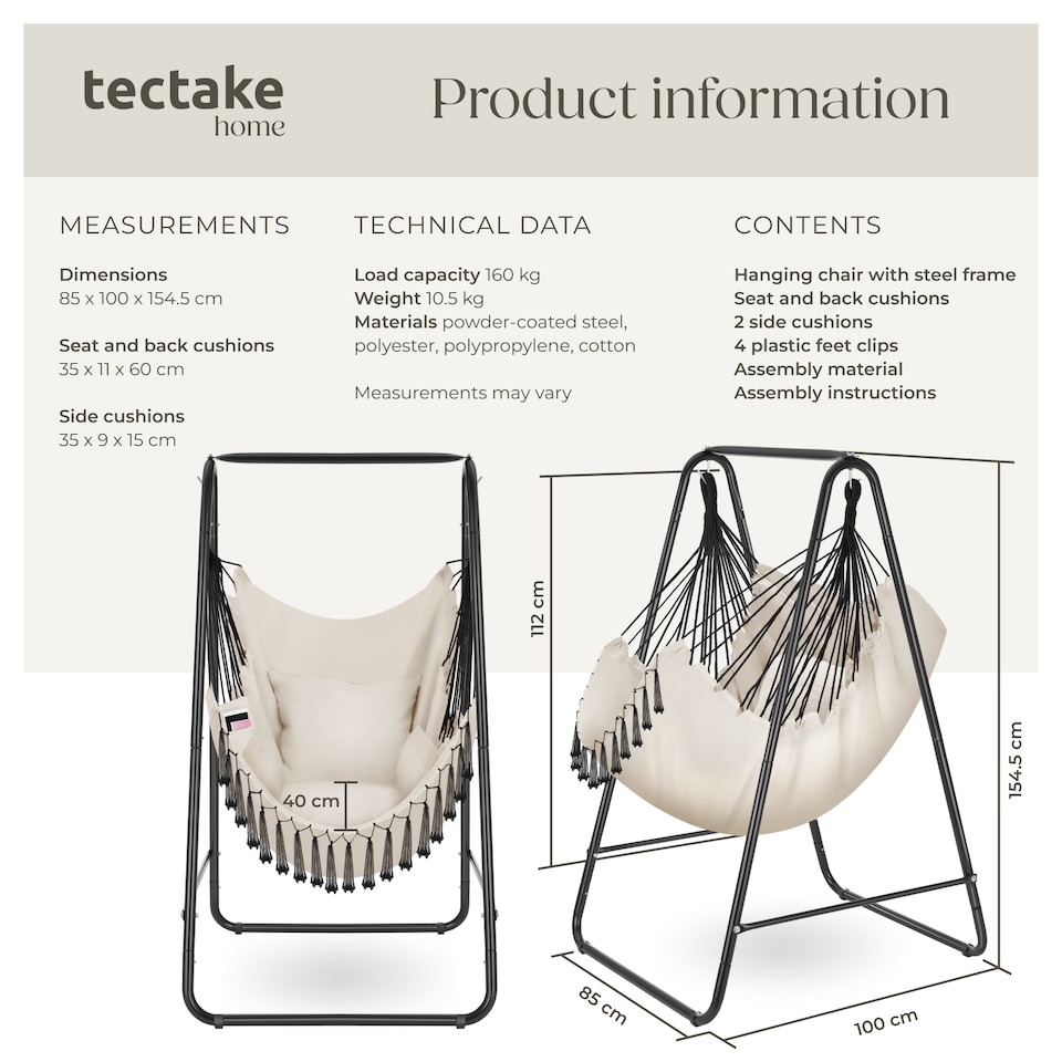 image 1 of Swing Chair Alison - 3 thick pillows, boho style, book pocket and 160kg load capacity | Cream | beige | 1