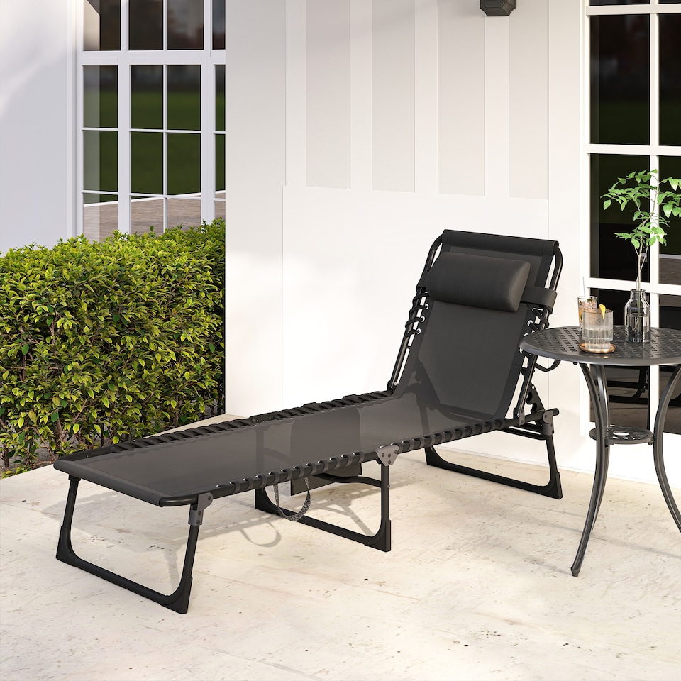 image 1 of Outsunny Portable Sun Lounger, Folding Camping Bed Cot, Reclining Lounge Chair 5-position Adjustable Backrest with Side Pocket, Pillow for Patio Garden Beach Pool | Black