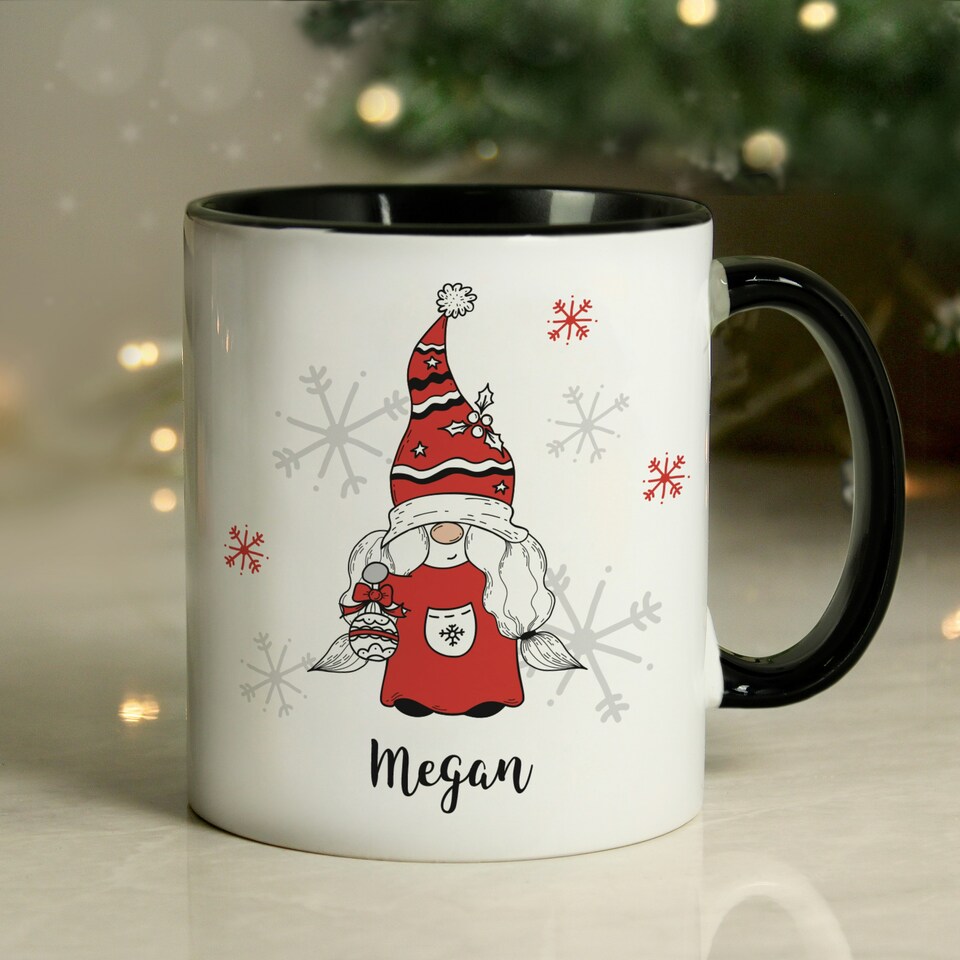 image 1 of Personalised Gonk Family Black Handled Christmas Mug - Female White