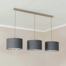 ValueLights Reni Grey & Chrome Drum Shade 3 Drop Bar Chrome Diner Ceiling Pendant Light Silver
