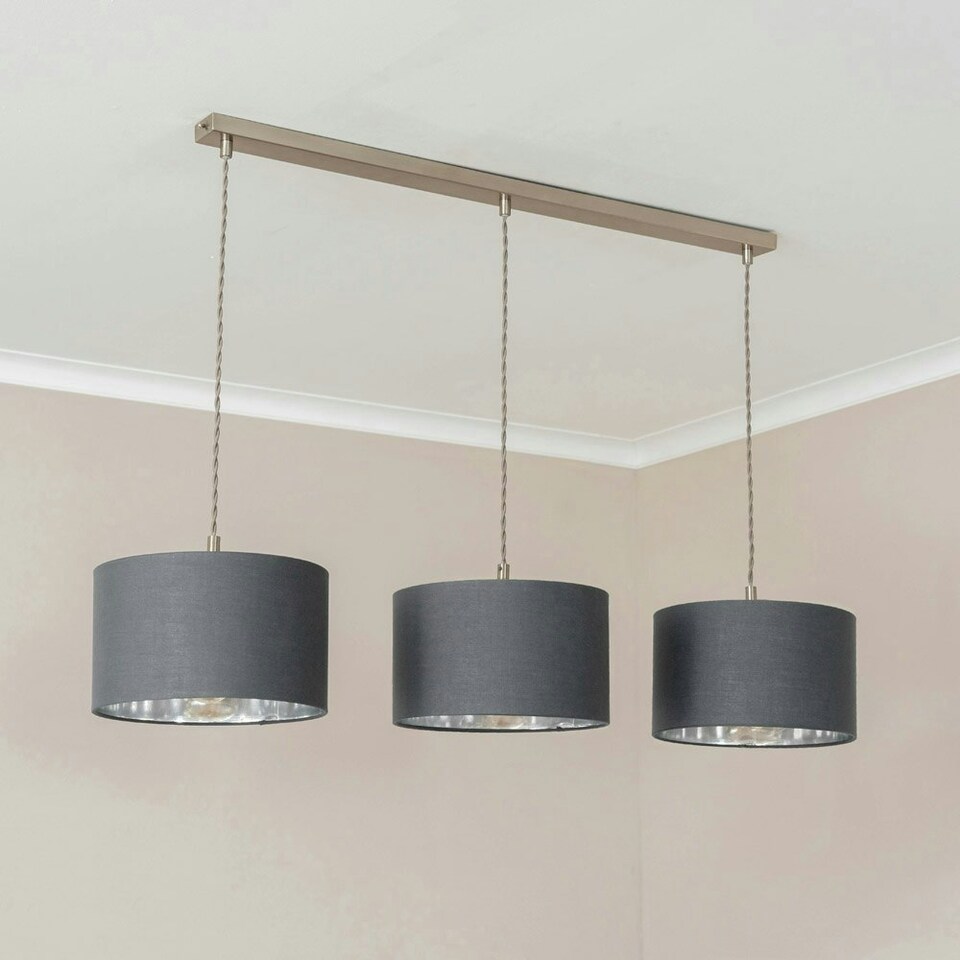 image 1 of ValueLights Reni Grey & Chrome Drum Shade 3 Drop Bar Chrome Diner Ceiling Pendant Light Silver