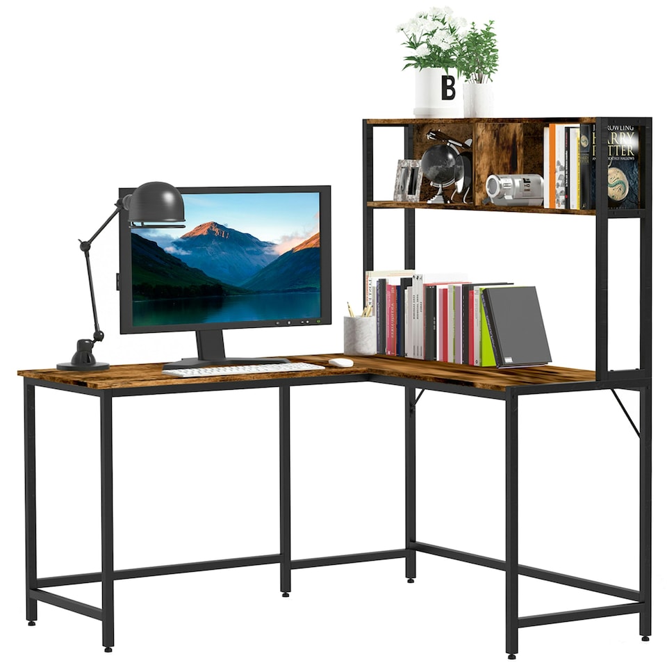 image 1 of HOMCOM Industrial L-Shaped Work Desk & Storage Shelf Steel Frame Adjustable Feet