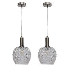 Set of 2 Baine - Clear Textured Glass Satin Nickel Deco Pendants