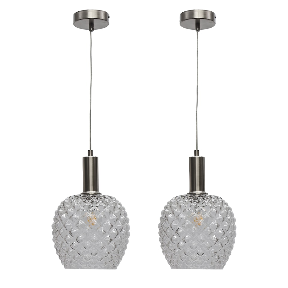 image 1 of Set of 2 Baine - Clear Textured Glass Satin Nickel Deco Pendants