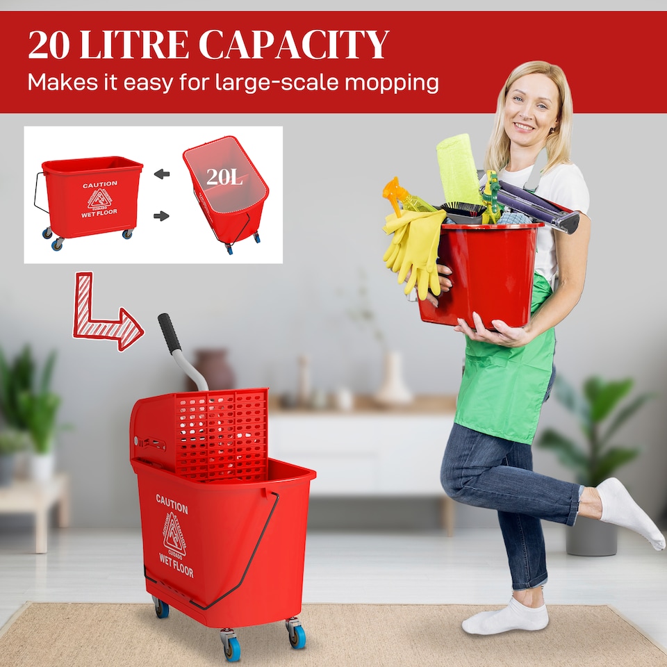 image 1 of HOMCOM 20L Compact Mop Bucket with Wringer and Handle, Mop Bucket on Wheels for Floor Cleaning, Separate Dirty and Clean Water, for Home, Flat, Red