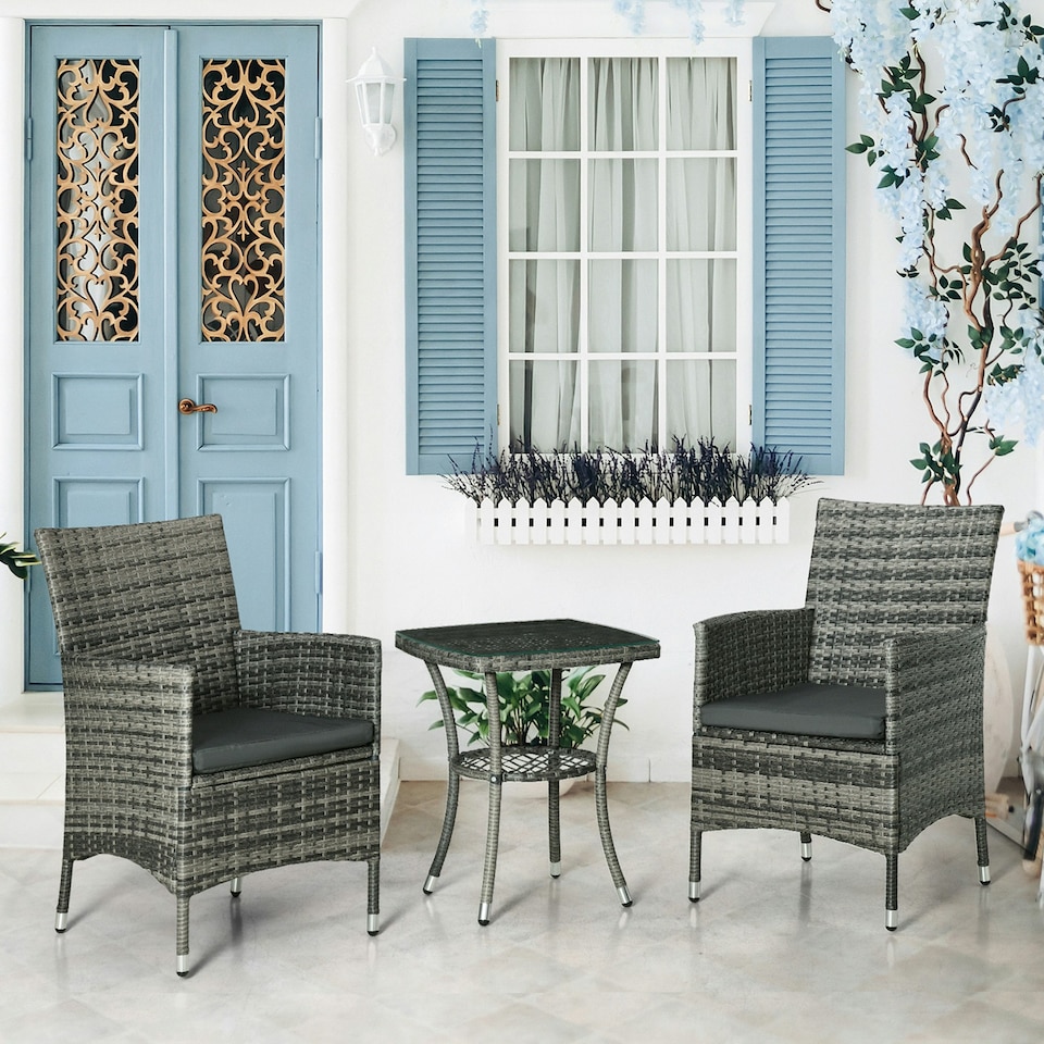 image 1 of Outsunny Rattan Bistro Set Garden Chair Table Patio Outdoor, Mixed Grey