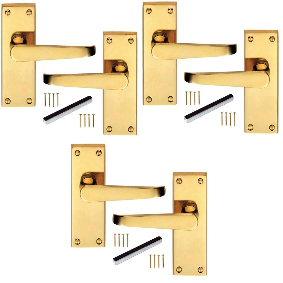 image 1 of Golden Grace 3 Pairs Victorian Straight Lever Latch Door Handles in Polished Brass Finish - 120mm x 40mm | Gold | 3 Pairs