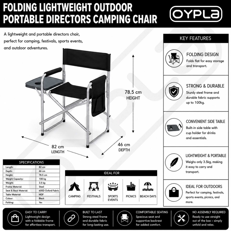 image 1 of Folding Lightweight Outdoor Portable Directors Camping Chair | Black