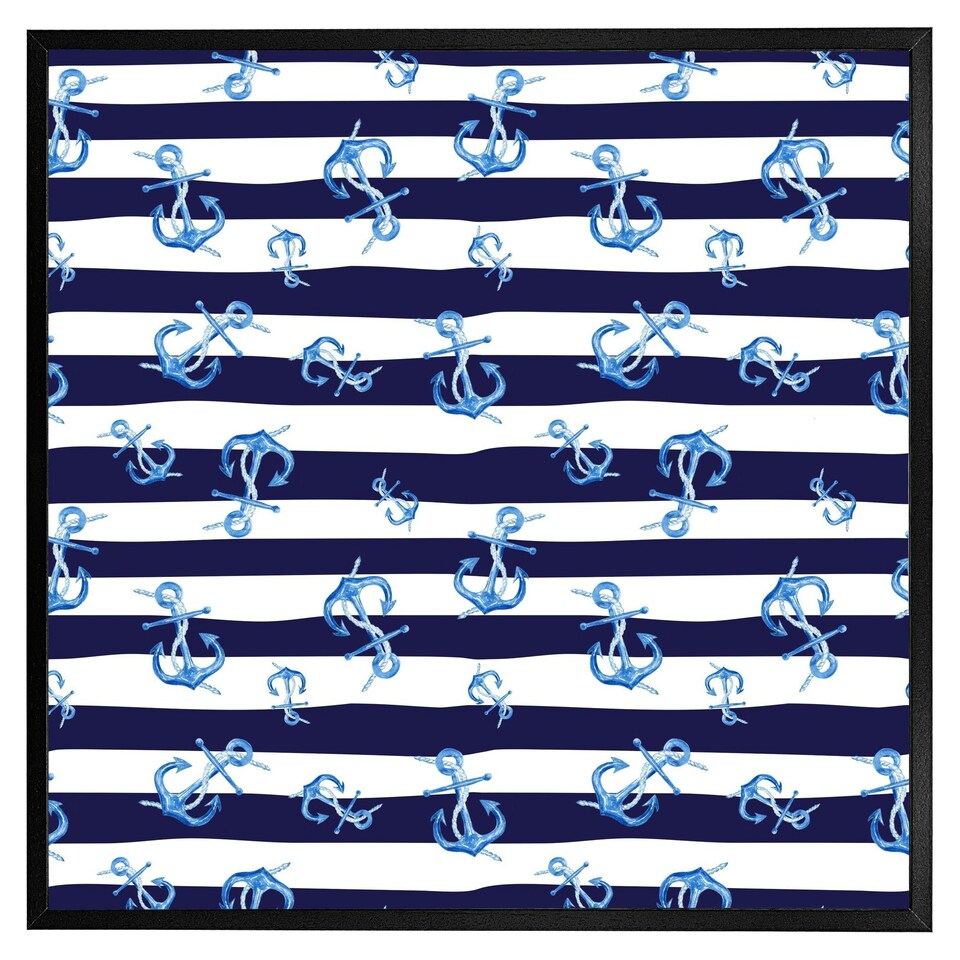 image 1 of Blue anchors on navy striped background (Picture Frame) White | S