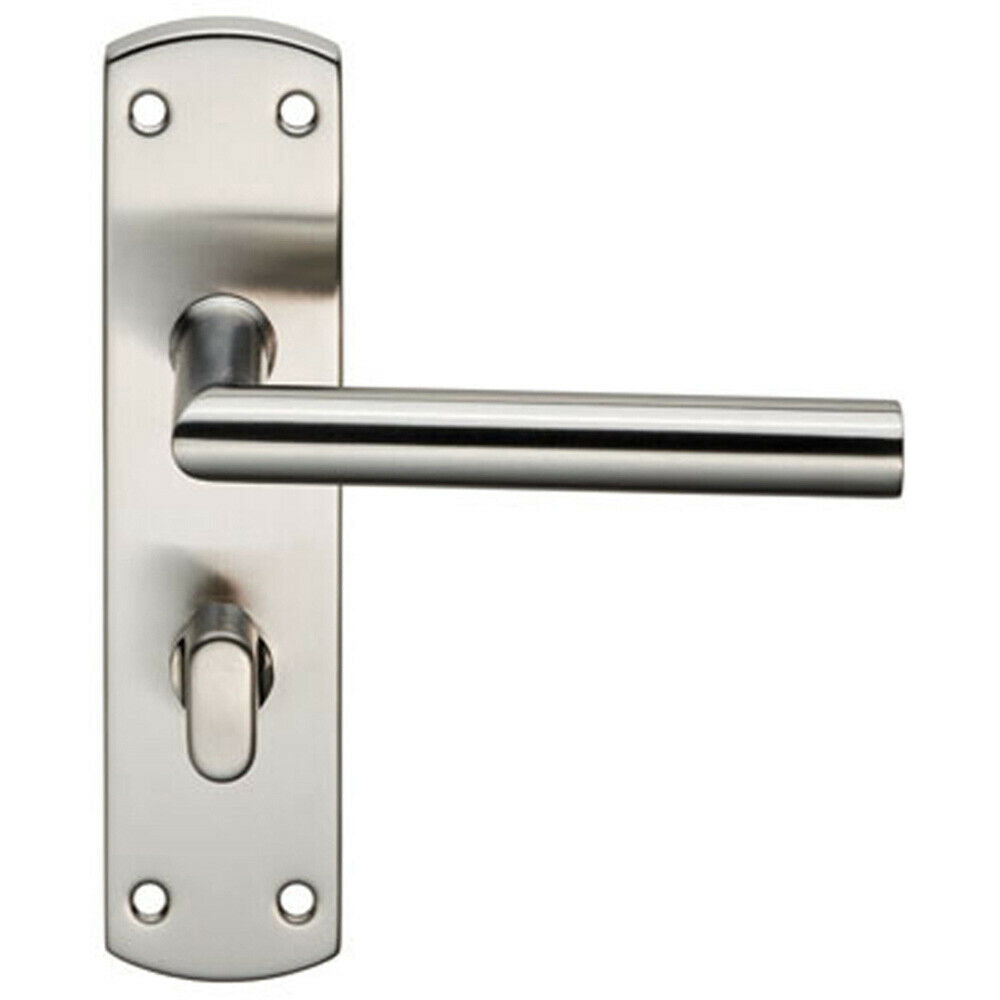 Loops Mitred Lever on Bathroom Backplate Door Handle Thumbturn Lock Satin Steel in Metallics