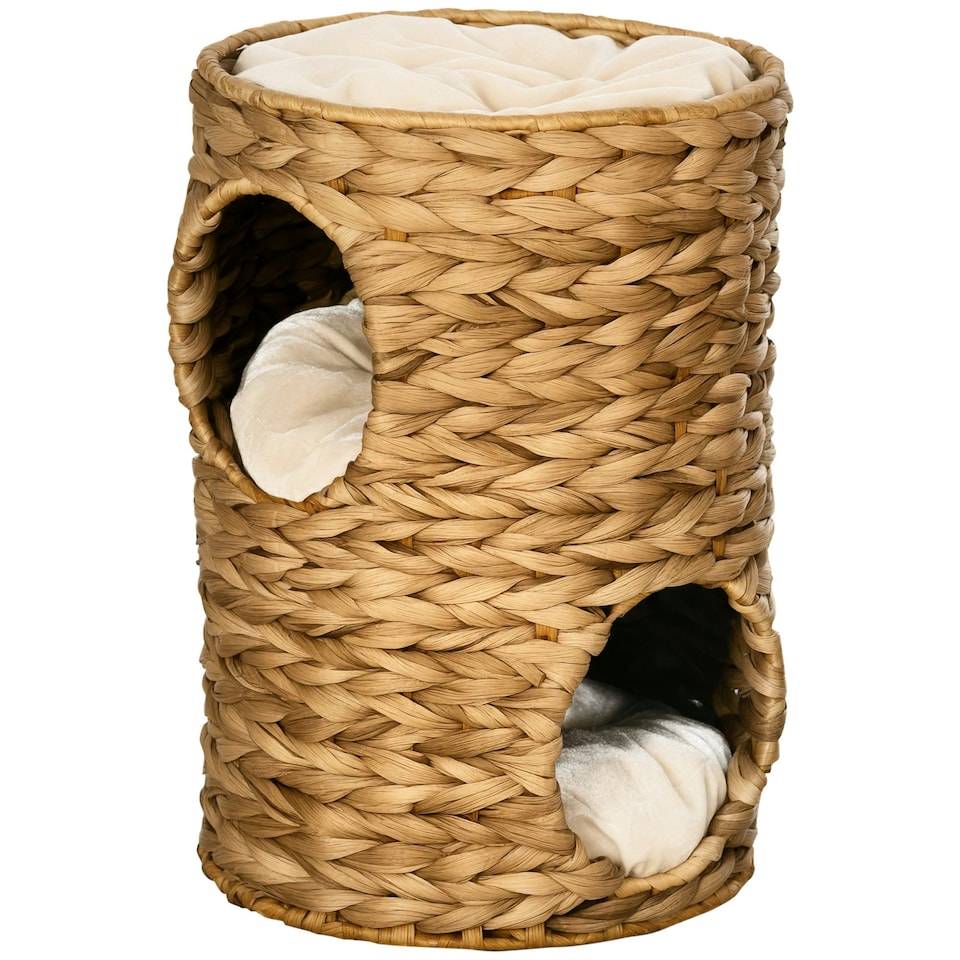 image 1 of PawHut 47cm Cat Barrel Tree for Indoor Cats w/ Two Cat Houses, Cushion