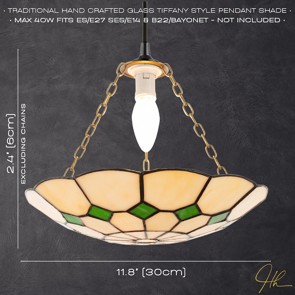 image 1 of Classic Amber Stained Glass Tiffany Pendant Lighting Shade with Green Diamonds | Green