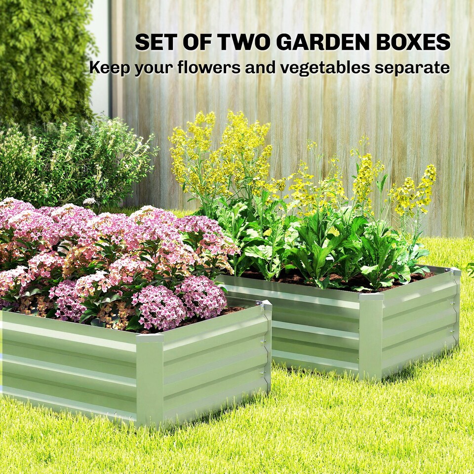 image 1 of Outsunny Set of 2 Raised Garden Bed Galvanised Planter Box, Light Green | Green | Dark Grey
