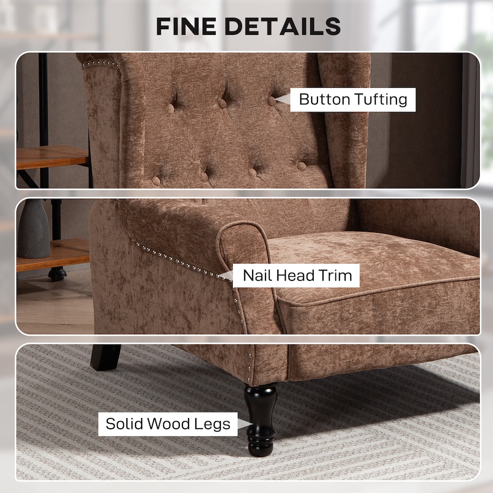 image 1 of HOMCOM Recliner Armchair, Vintage Reclining Chair with Nail Head Trim, Wingback Chair with Button Tufted Back and Footrest, for Living Room, Brown | Brown | Brown