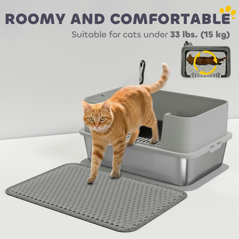image 1 of PawHut Stainless Steel Litter Box with Scoop, High Sided Cat Litter Tray Grey | One Size