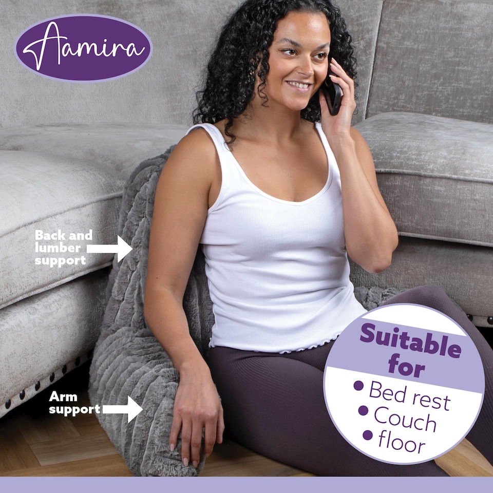 image 1 of Aamira Reading Pillow Grey Faux Fur Ribbed Memory Foam Support Cushion | Grey | Grey | Standard | 1