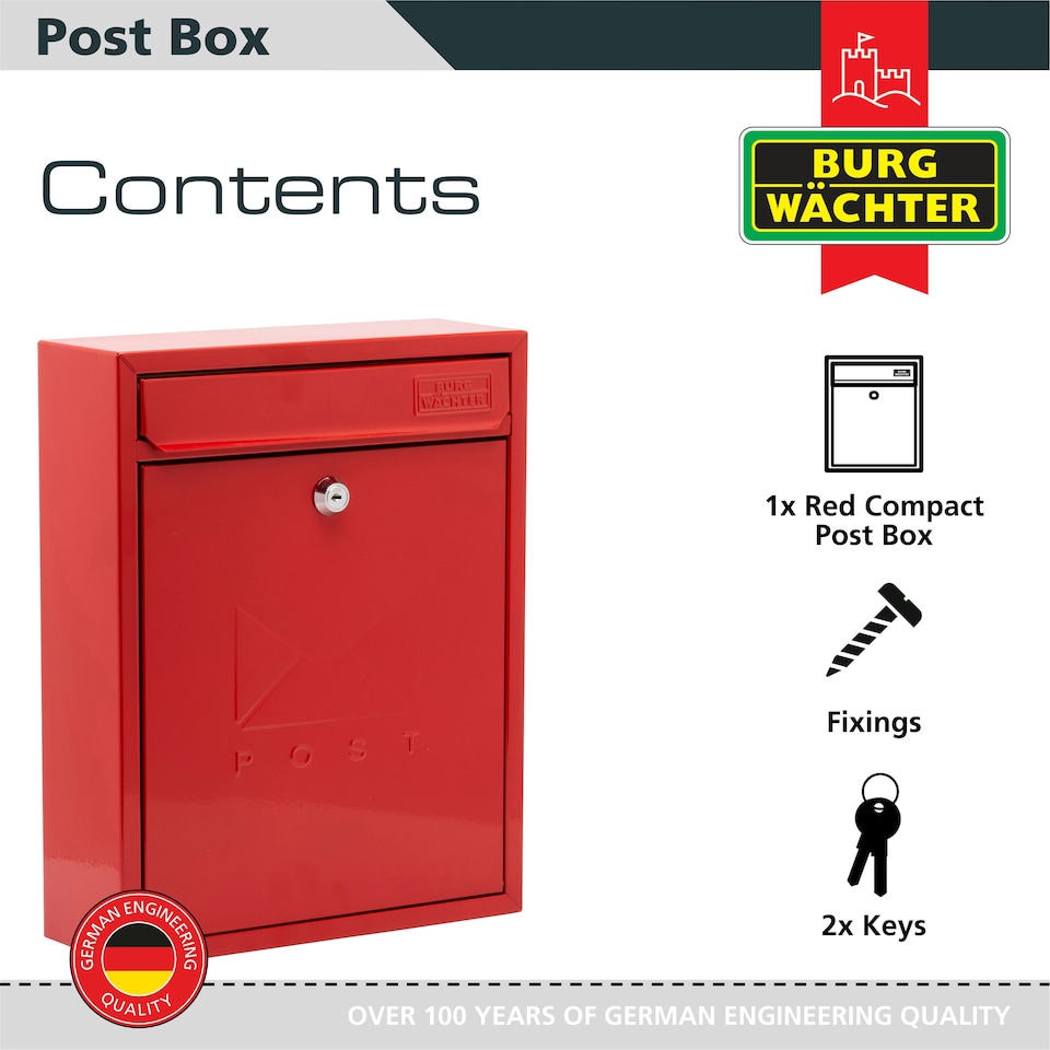 image 1 of Burg-Wachter Compact Wall Mounted Galvanised Steel Post Box - 26x33x9cm Red