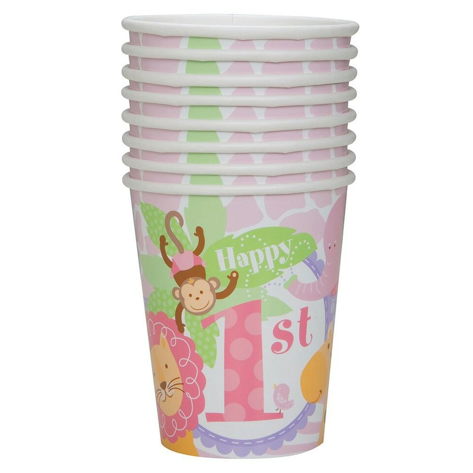 image 1 of Unique Party Safari 1st Birthday Party Cup (Pack of 8) - Pastel/Pink - One Size