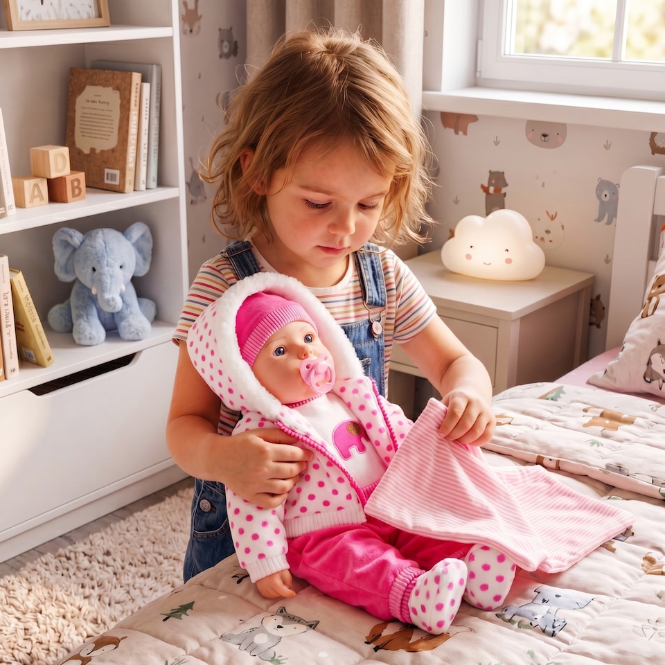image 1 of BiBi Doll 20" Dots Baby Doll Girl with Spotty Coat Outfit, Sounds & Dummy Toy