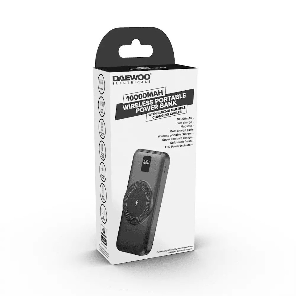 image 1 of Daewoo 4-in-1 10000mAh Power Bank Portable Fast Charger Wireless Built in Cables Black