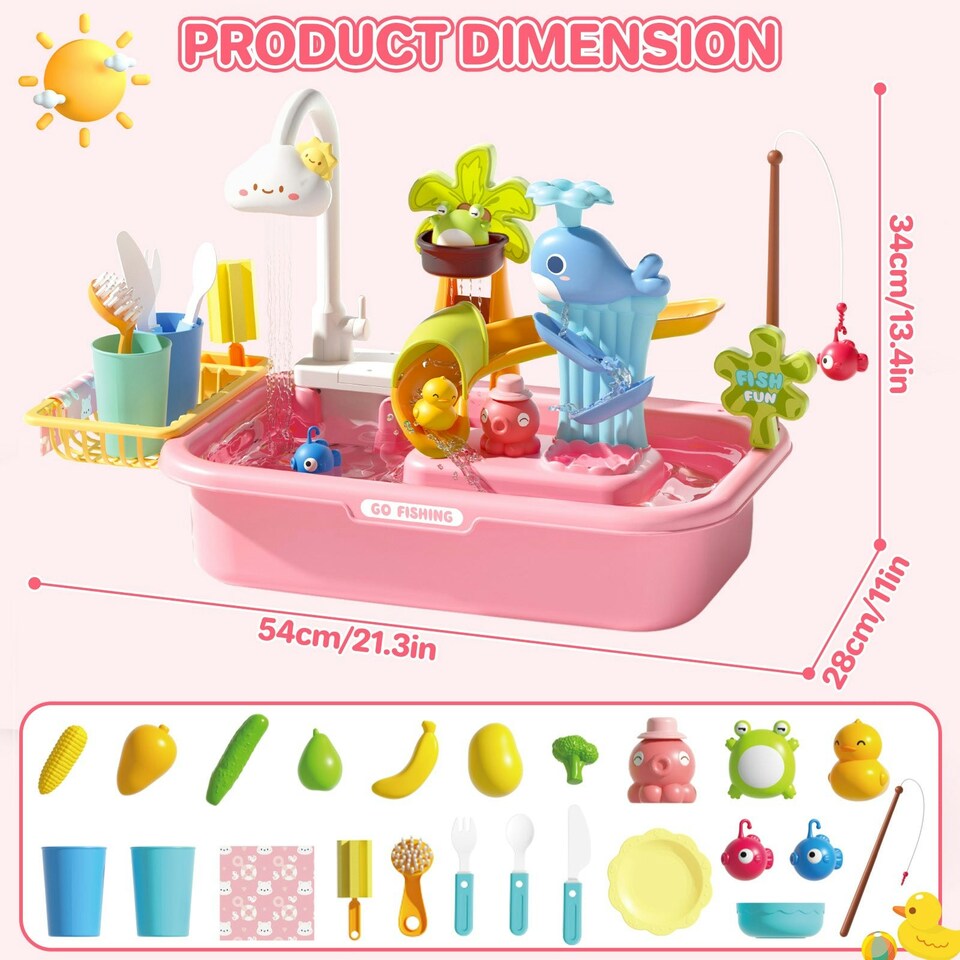 image 1 of Pretend Play Kitchen Sink with Real Running Water 4-in-1 Water Play Table (Pink)