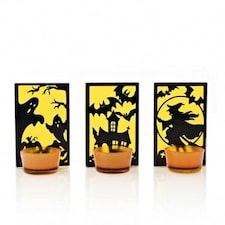 Widdop Gifts Halloween Set of 3 Glass Tea Light Holders - Ghosts, Bats & Haunted House Designs