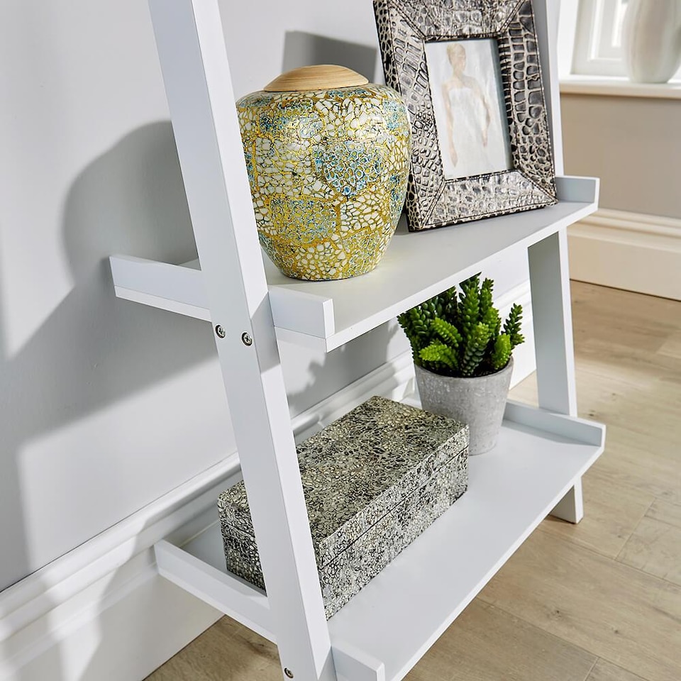 image 1 of Ladder Shelf Bookcase 3 or 5 Tier Storage Shelving Unit Display Stand | White