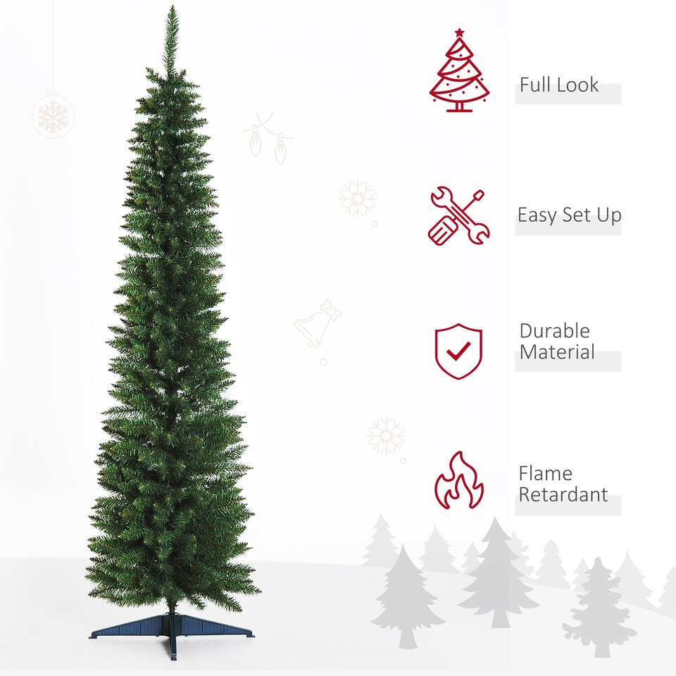 image 1 of HOMCOM 7ft Unlit Artificial Christmas Tree, Pencil Slim mas Tree with Solid Stand and Realistic Branches, Green