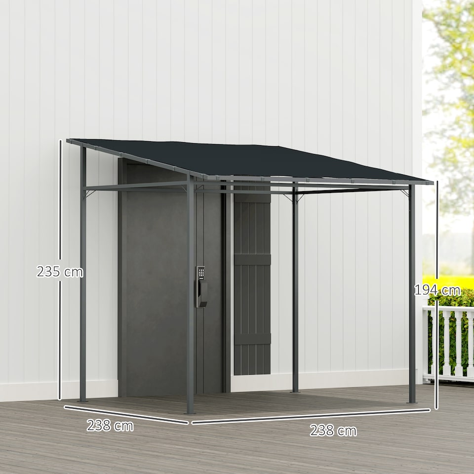 image 1 of Outsunny Wall Mounted Pergola Gazebo with PA Coating Fabric and Metal Frame, Lean to Garden Gazebo, Wind Resistant Outdoor Sun Shade Shelter for Garden, Deck | Grey | Dark Grey | 238L x 238W x 235H cm