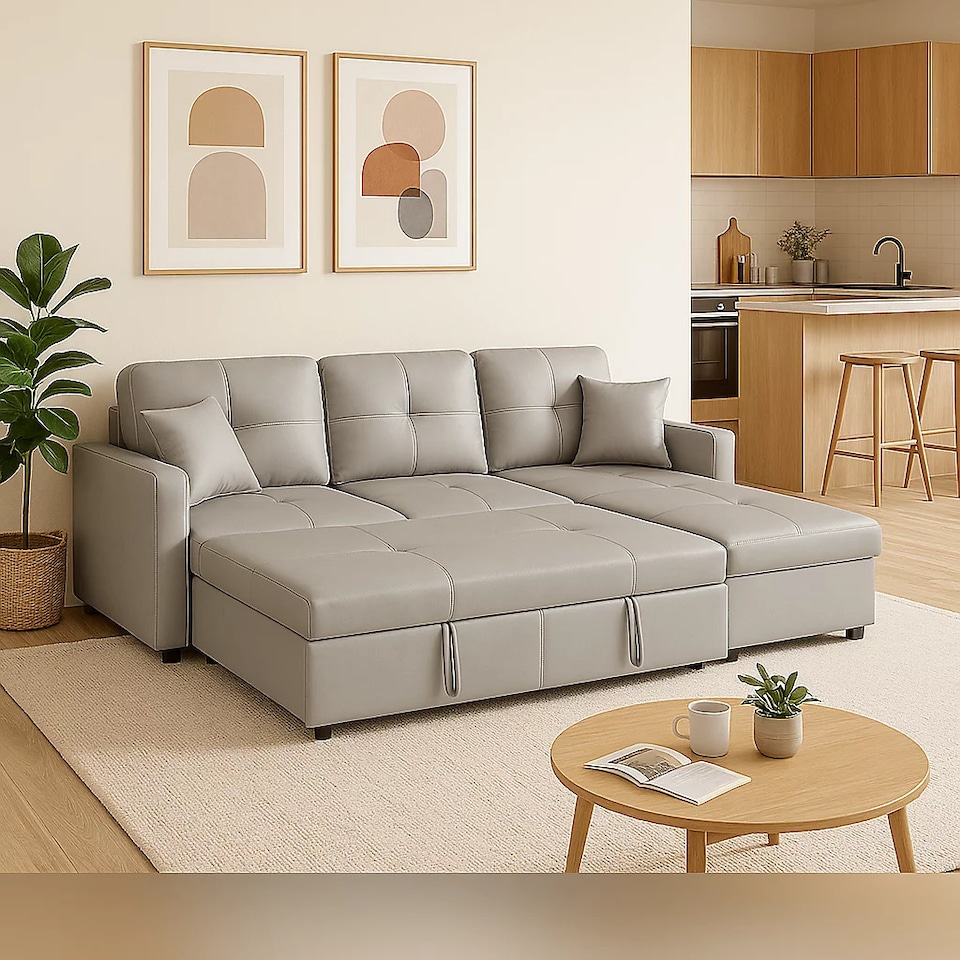 image 1 of Milano 3 Seater L Shape Pullout Sofa Bed with Deep Storage Compartment & Reversible Chaise | Grey | 1