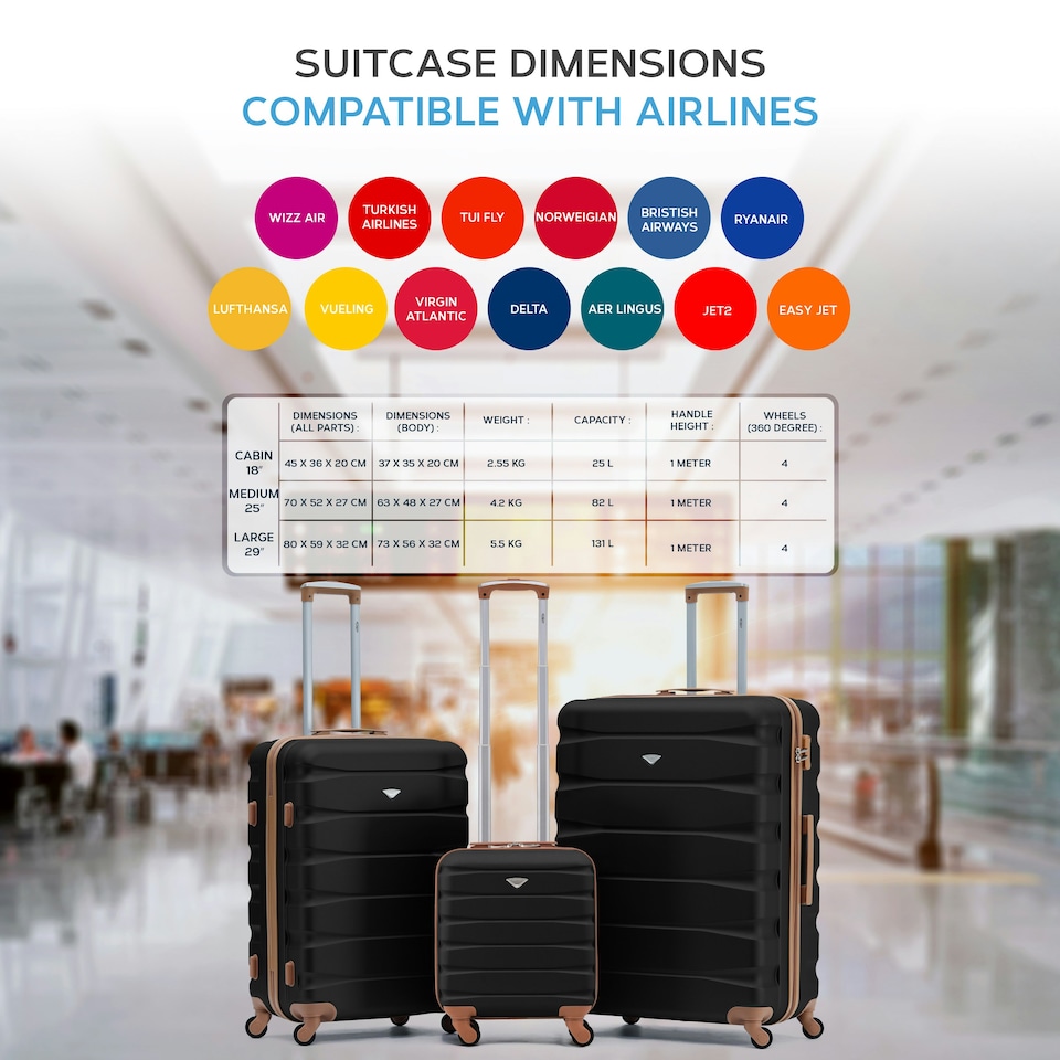 image 1 of Flight Knight Suitcase Sets 3 Piece, Large Suitcase, Extra Large Suitcase, easyJet Cabin Bag 45x36x20cm Underseat Carry On, 100+ Airlines Approved - BA, Ryanair | Black | Black/Tan | Large