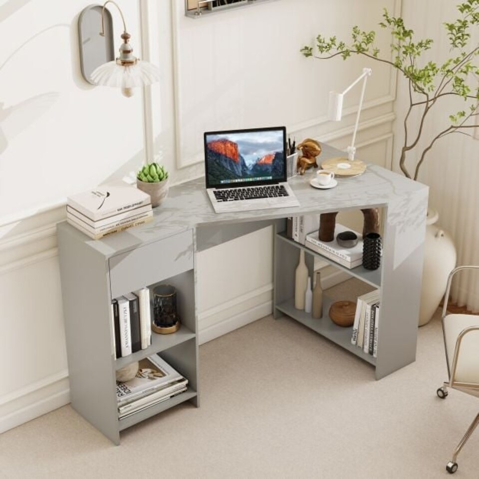 image 1 of COSTWAY L-Shaped Computer Desk with Storage Grey Grey