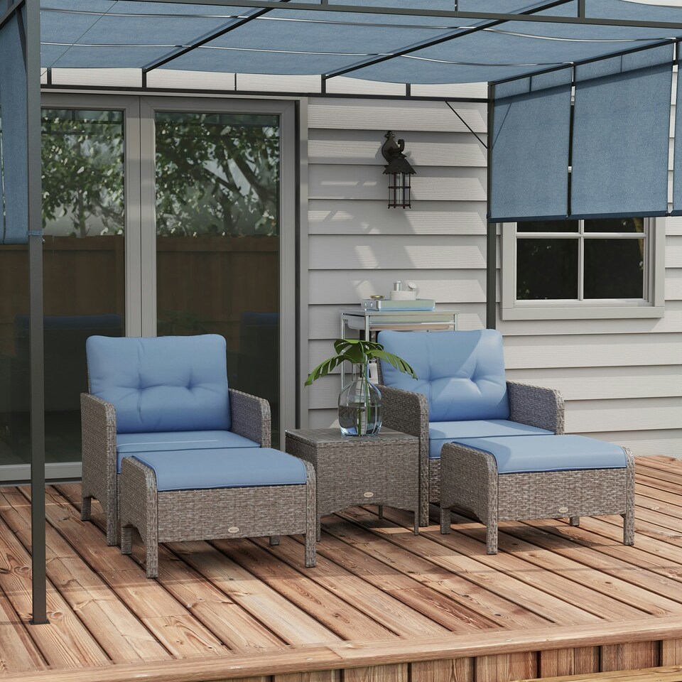 image 1 of Outsunny 5 Pieces Outdoor Patio Furniture Set Wicker Conversation Set Blue