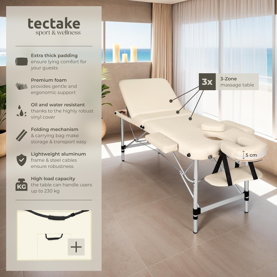 image 1 of Massage Table - 3-zone bed with aluminium frame, 5cm pad, folding, adjustable | Cream | beige | 1