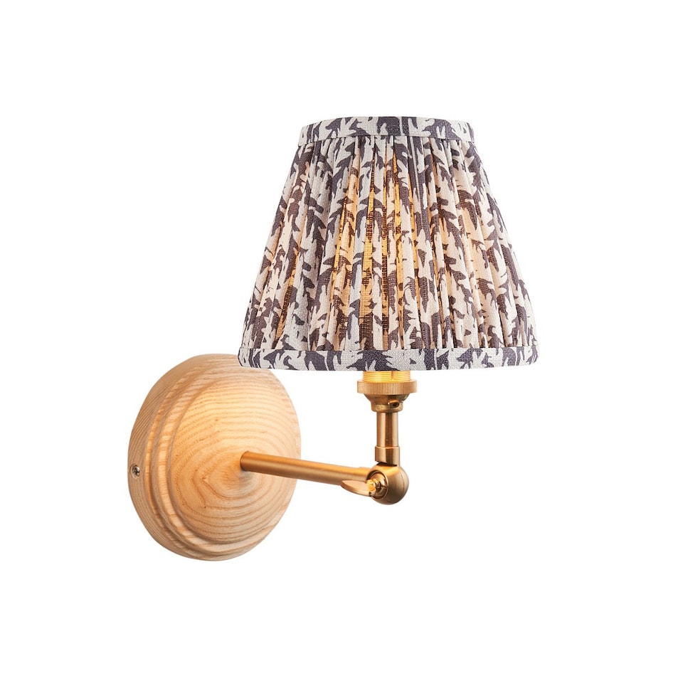image 1 of Wood Wing Ash Wood Wall Light with Pearl Grey Fabric Leaf Shade 16cm B22