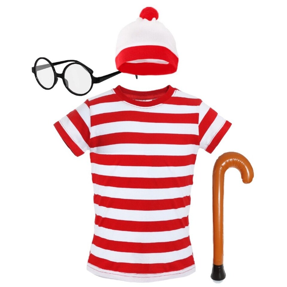 image 1 of Find Me - Top, Hat, Glasses & Stick - Wheres Wally Inspired Costume Red | XL