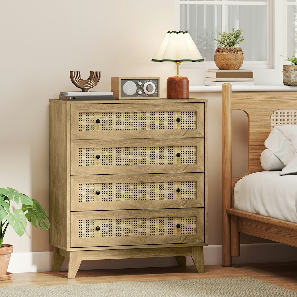 image 1 of HOMCOM Chest of Drawers, 4 Drawer Unit Storage Organiser with Rattan Element