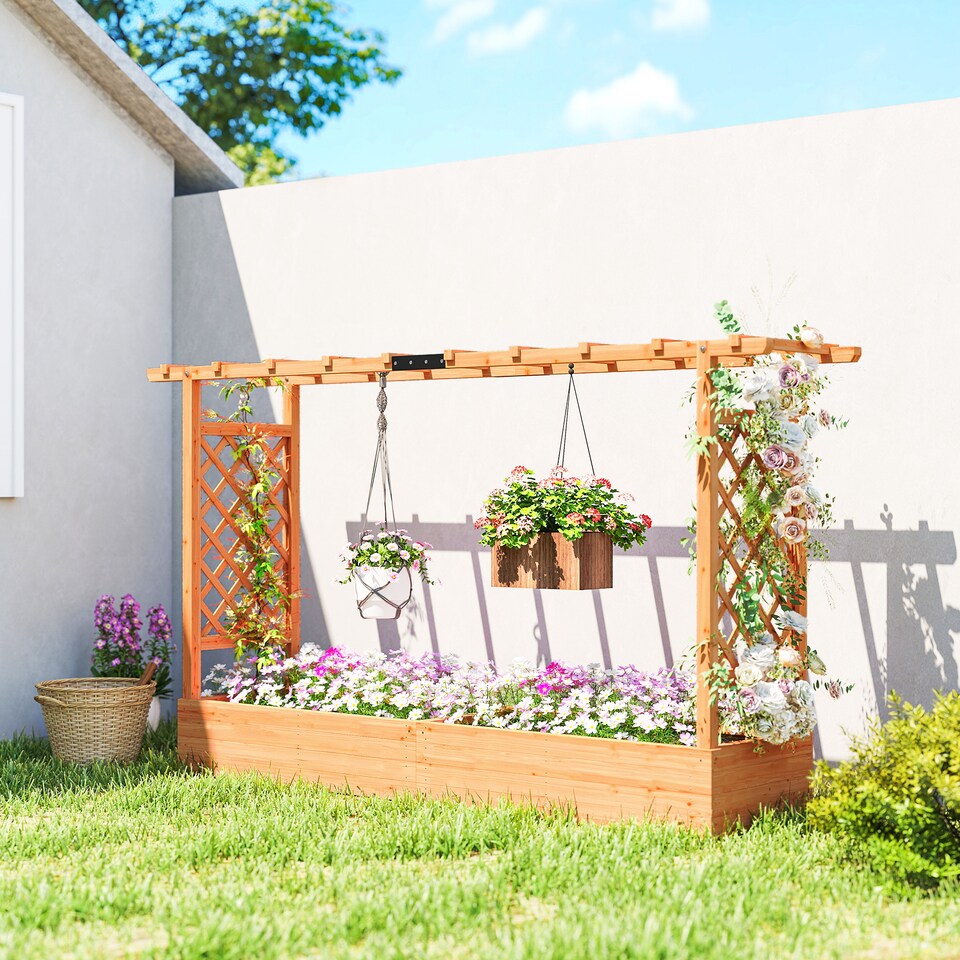 image 1 of Outsunny Raised Bed for Garden with Trellis, 200 x 44 x 113.5 cm, Natural | Brown