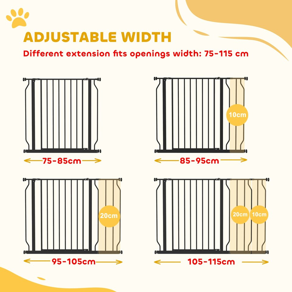image 1 of PawHut Dog Gate Wide Stair Gate w/ Door Pressure Fit, 75-115W cm, Black