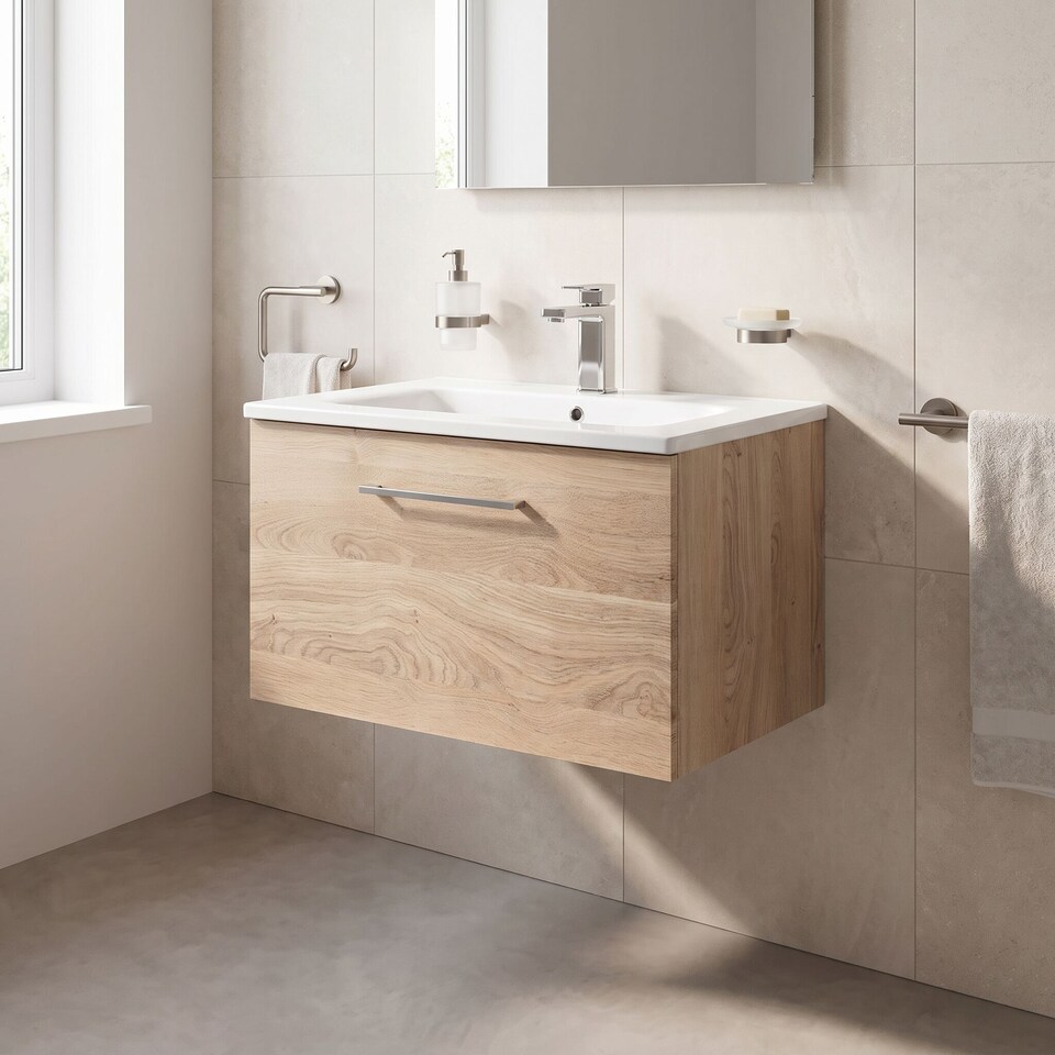 image 1 of Balterley Modern Bathroom Wall Hung 1-Drawer Vanity & Basin | Brown | Bleached Oak | 389 x 610 x 440mm