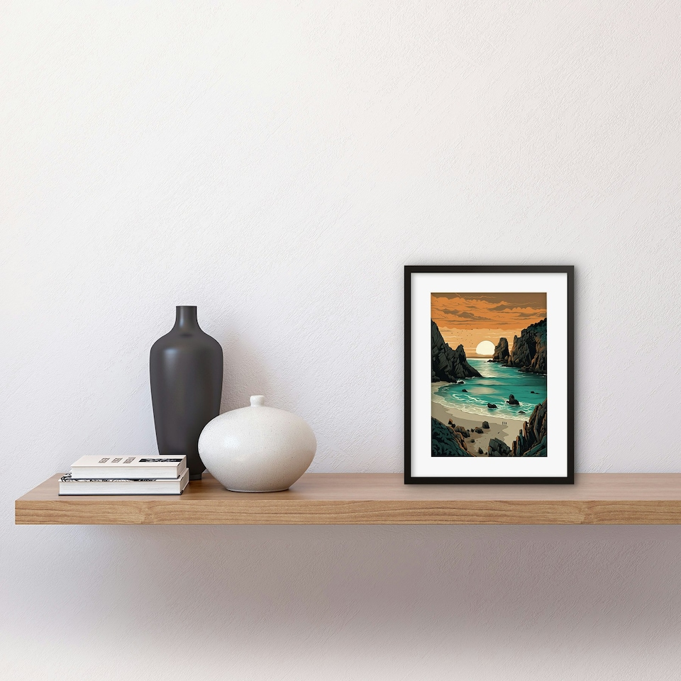 image 1 of Beach Cove Sunrise Coastal Landscape Porthcurno 9x7" Black Framed Wall Art Print
