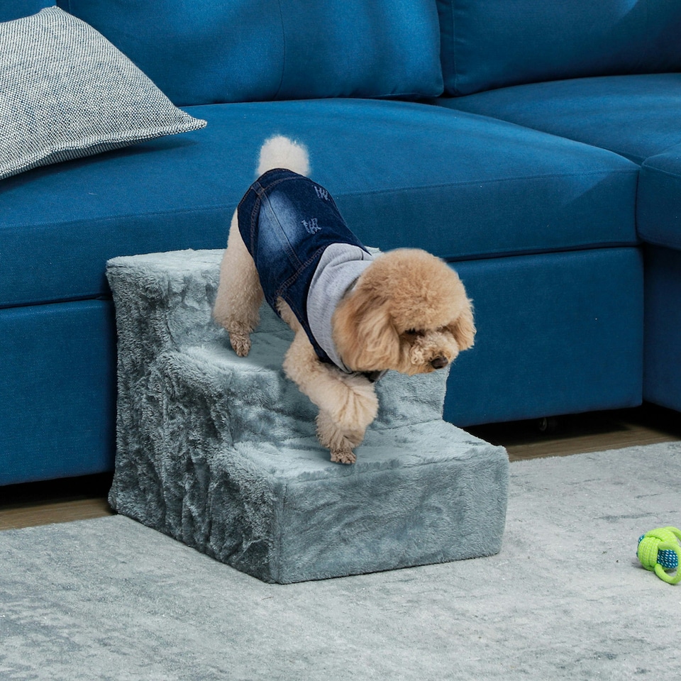 image 1 of PawHut Three-Step Portable Dog Stairs with Washable Plush Cover, for Small Pets