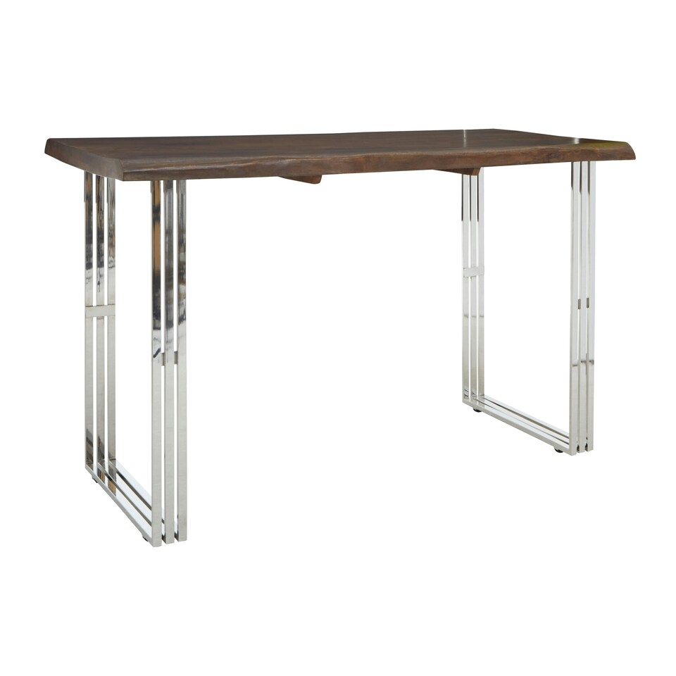 image 1 of Interiors by Premier Natural And Silver Dining Table, Natural Wood Top Dining Room Table, Stainless Steel Loop Base Design Silver