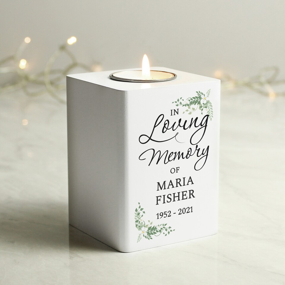 image 1 of Personalised In Loving Memory White Wooden Tea light Holder White