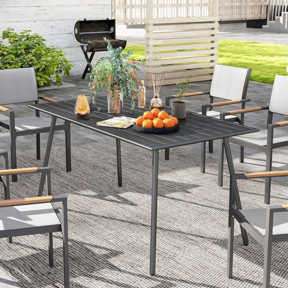 image 1 of Outsunny Garden Dining Table for 6 Person, Rectangle Outdoor Table with Easy Clean Slat Top, Rust Resistant Steel Frame, for Terrace, Balcony, 150 x 80 x 74 cm, Grey | Grey