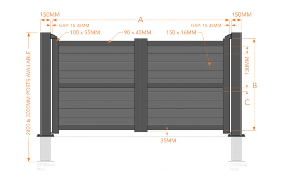 image 1 of Double Swing Gate 3250x1800mm - Aluminium - Horizontal Solid Infill and Flat Top - Black