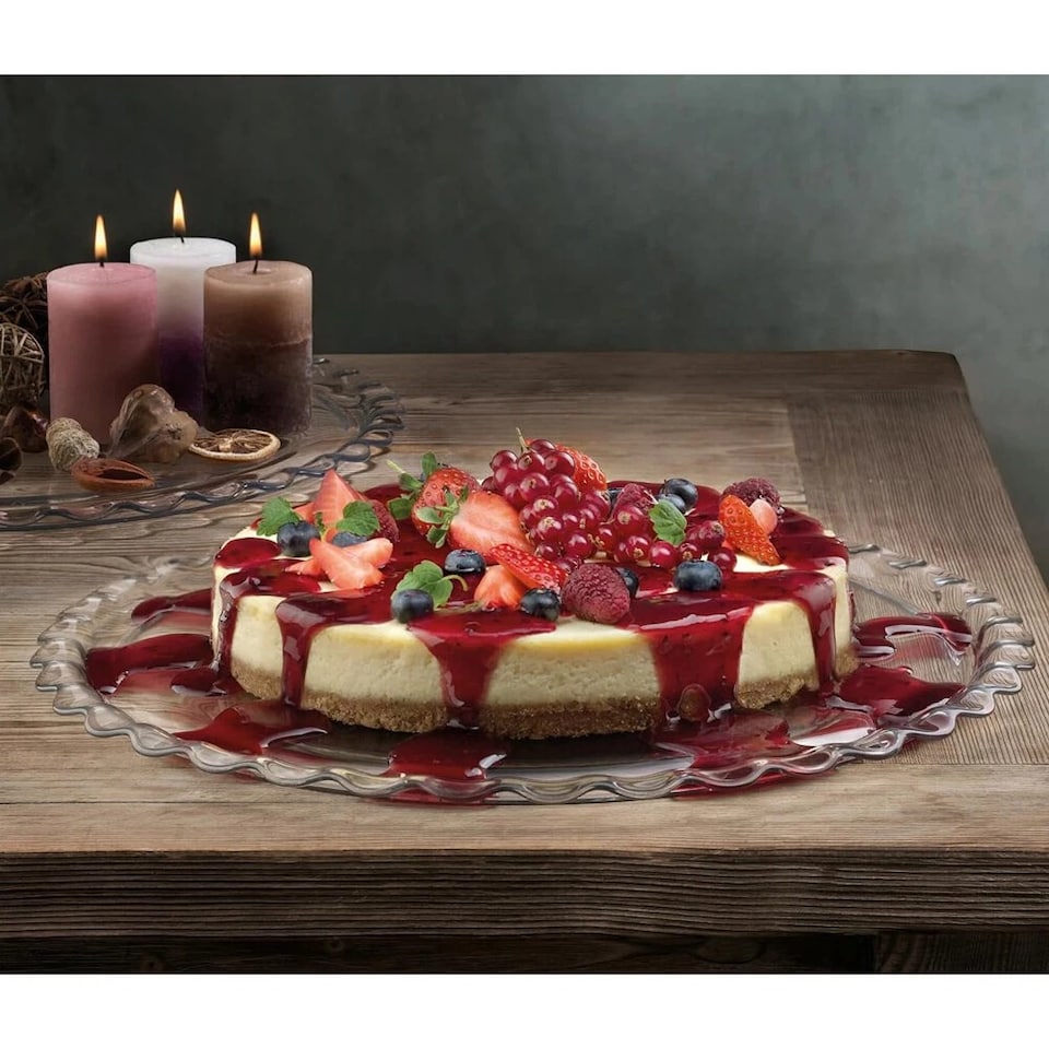 image 1 of Round Glass Patisserie Serving Dish Cake Fruit Plate Tray Display 38cm